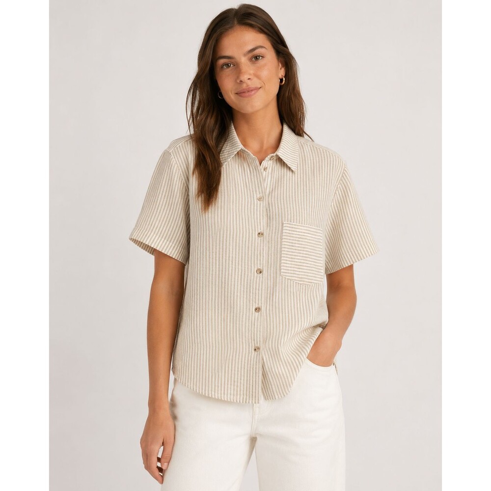 Onia Air Linen Short Sleeve Shirt M Jute White Stripe Button Down NWT